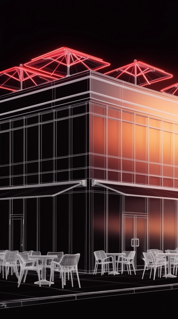 3D wireframe of a commercial building, crisp white lines on solid black background, outdoor patio with tables, glowing red neon roof structures casting a warm orange gradient reflection across the right facade, architectural visualization, high contrast