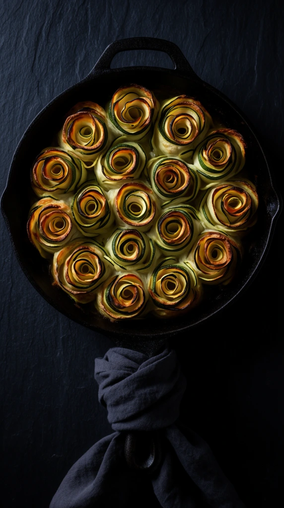 baked vegetable rolls shaped like blooming roses inside a black cast iron skillet, thinly sliced zucchini with golden-brown roasted edges, top-down perspective on a dark slate surface, dark grey cloth napkin knotted around the skillet handle, moody dark food photography, dramatic chiaroscuro lighting, deep shadows
