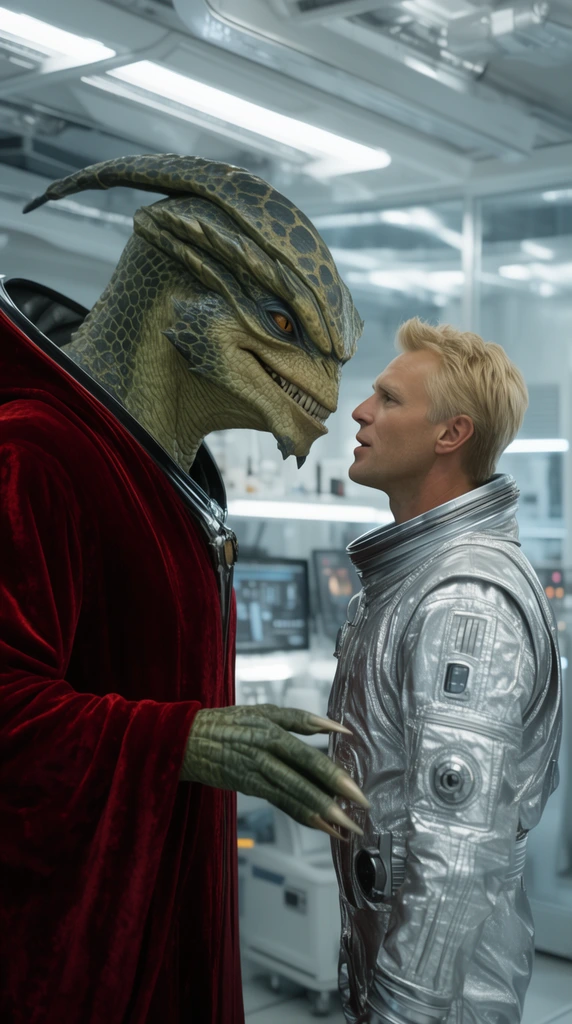 A towering reptilian alien in a red velvet robe speaks closely with a blonde man wearing a silver spacesuit. They stand in a brightly lit futuristic laboratory. Cinematic lighting and sharp focus.