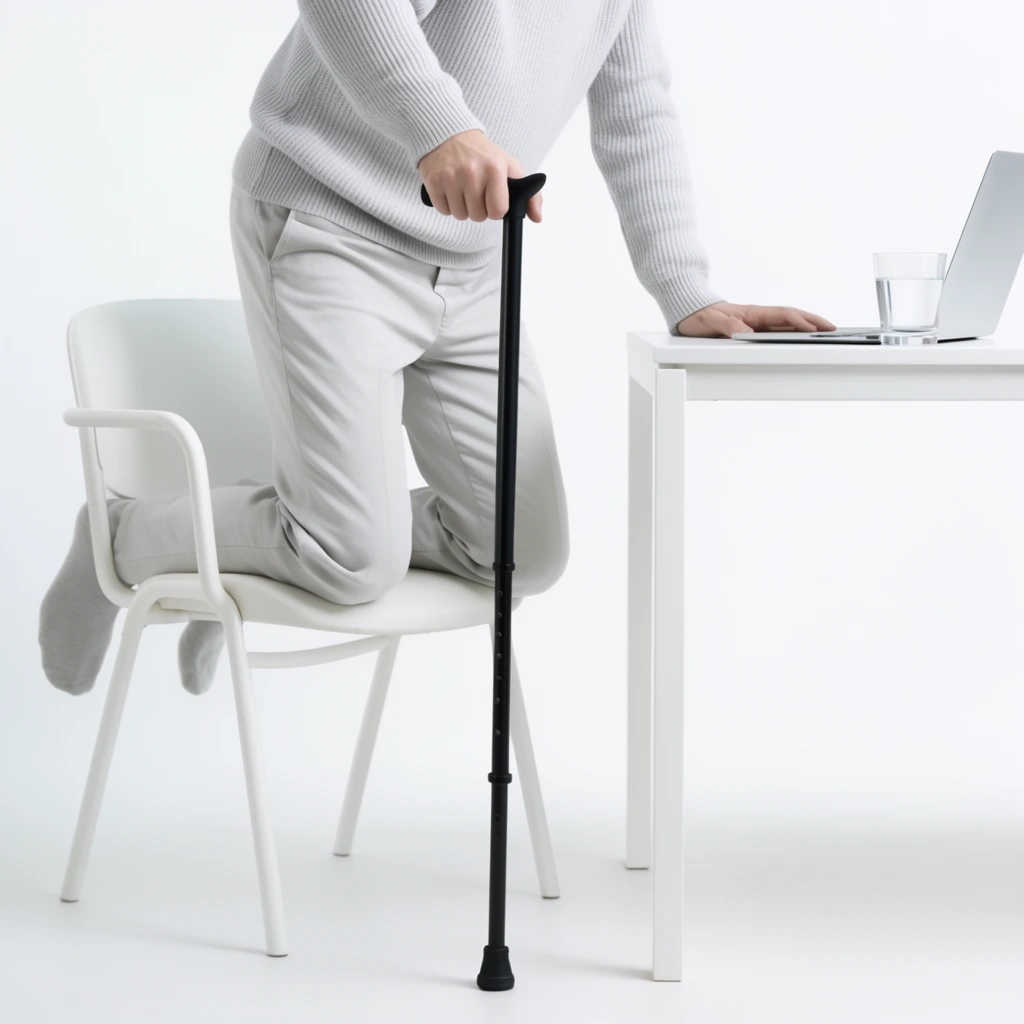 A person in a pale grey ribbed sweater and trousers rises from a white chair, gripping a black T-handle walking cane. Their other hand rests on a white table next to an open silver laptop and a glass of water. Shot from the shoulders down in a minimalist studio, bright, high-key diffused lighting highlights the stark contrast of the dark cane against the monochromatic pale wardrobe. The modern lifestyle composition features soft shadows, a sterile aesthetic, and a stark white background.