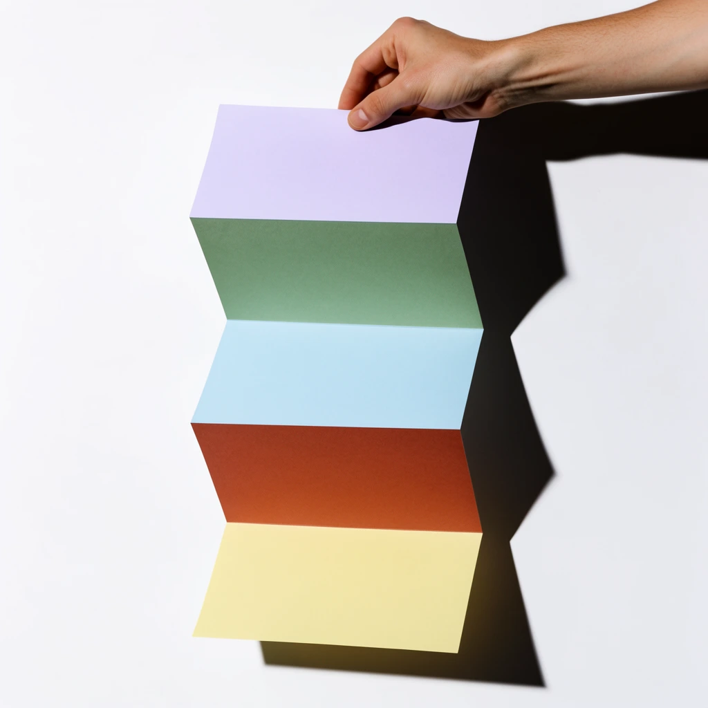 Arm extending from upper right holding an accordion-folded paper against a minimalist white background, hand pinching the top edge of the zig-zagging material, vertically hanging paper divided into five solid horizontal color blocks of pale lavender, muted green, light blue, terracotta, and pale yellow, harsh directional lighting from the left, crisp geometric drop shadows cast on the flat backdrop, clean studio photography, sharp focus, high contrast, bold graphic composition