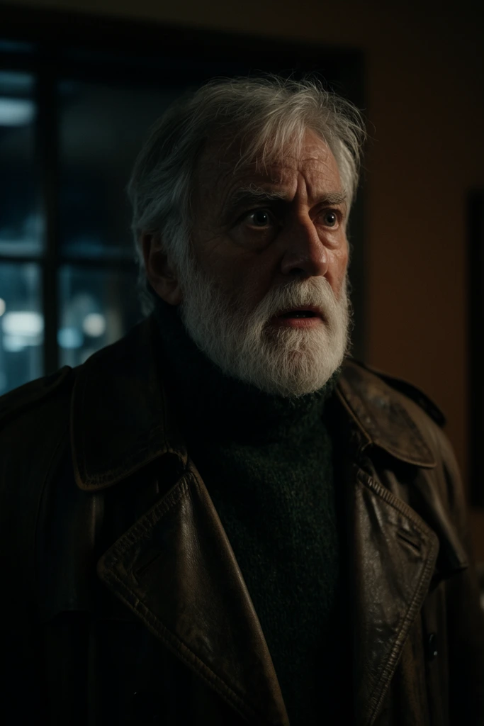 A cinematic close-up captures an elderly man with a thick white beard staring intensely off-camera in a dimly lit room. Deep wrinkles line his face beneath messy silver hair, his mouth slightly parted in an expression of quiet shock. He wears a heavy dark green wool turtleneck under a weathered brown leather trench coat. Dramatic low-key lighting illuminates the right side of his face, plunging the left into deep shadow for a striking chiaroscuro effect. The shallow depth of field blurs the background, showing cool-toned light reflections on a dark glass window to the left and a muted brown wall fading into darkness on the right.