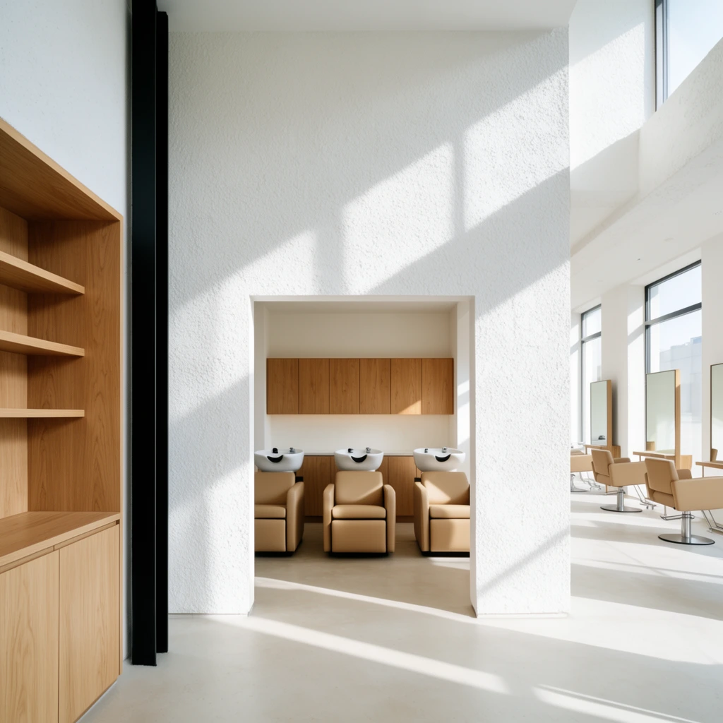 A bright modern minimalist salon interior features distinct zones defined by clean architectural lines. Light oak cabinetry with open shelving sits beside a stark black vertical beam on the left. In the center a framed alcove houses three tan leather reclining chairs facing white ceramic washbasins under warm wooden cabinets. To the right a spacious styling floor contains matching tan chairs mirrors and large windows. Strong natural sunlight casts sharp geometric shadows across heavily textured white walls emphasizing a serene palette of bright whites warm oak and beige leather captured in a wide-angle architectural perspective.