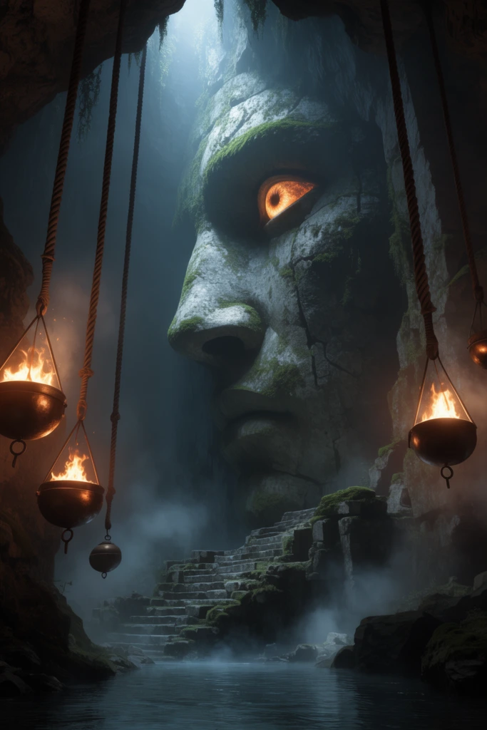 A colossal stone face carved into a sheer cavern wall looms over a misty subterranean river. Pale blue light from above illuminates the moss-draped visage and its glowing orange eye. Crumbling stone stairs descend to the dark water. Spherical bronze censers burning with warm fire hang from heavy ropes in the foreground. Volumetric fog and deep shadows create a cinematic dark fantasy atmosphere.