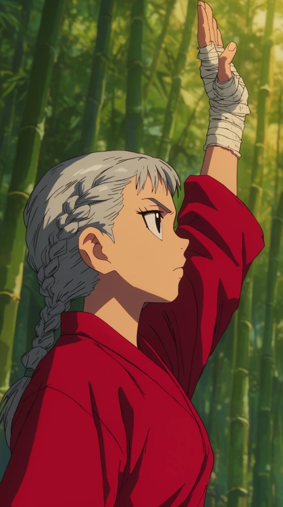 A 2D anime-style medium close-up profile of a young woman with braided silver hair raising a bandage-wrapped arm. Facing right with a focused expression and large stylized eyes, she wears a vibrant crimson martial arts tunic. Her arm extends upwards, the wrist secured in textured white linen hand wraps. The background features a stylized bamboo forest canopy with thick green stalks bathed in warm sunlight. Rendered with classic cell-shaded animation techniques, the composition utilizes crisp linework, flat color fills, and sharp angular shading to emphasize her decisive gesture against the lush, softly blurred environment.