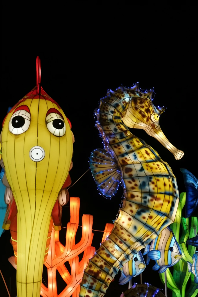 A nighttime scene features illuminated, larger-than-life lanterns shaped like whimsical sea creatures against a stark black background. On the left, a tall, bulbous yellow lantern with a stylized, wide-eyed face, a small circular white mouth, and red accents on its head stands vertically. To its right, a long, curving seahorse lantern stretches diagonally upwards and backwards. The seahorse is intricately patterned with yellow, brown, and blue spots and stripes, glowing brightly from within. Small blue LED string lights trace the edges of its fins. Below and around these central figures, smaller lanterns in shapes of coral and fish glow in vibrant shades of orange, green, and blue. The lanterns are constructed from translucent fabric stretched over wire frames, with visible seams enhancing their sculptural, handcrafted appearance. The composition is tightly cropped, emphasizing the scale and vibrant colors of the illuminated structures against the dark night sky.