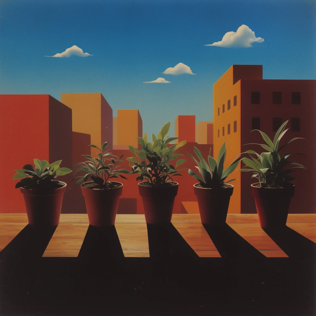 Five potted plants rest in a row on a wooden shelf against an urban background of geometric buildings and stylized clouds. The plants cast extreme, elongated, pitch-black shadows across the wood from harsh, theatrical directional lighting. The stark city architecture glows in saturated terracotta, ochre, and burnt orange tones, contrasting sharply with a smooth, gradient-rich azure sky containing sparse, crisp clouds. Rendered in a vintage 1970s surrealist airbrush illustration style, the visual aesthetic features minimalist composition, hyper-smooth gradients, and a matte painted finish with subtle vintage halftone grain reminiscent of classic sci-fi paperback covers.