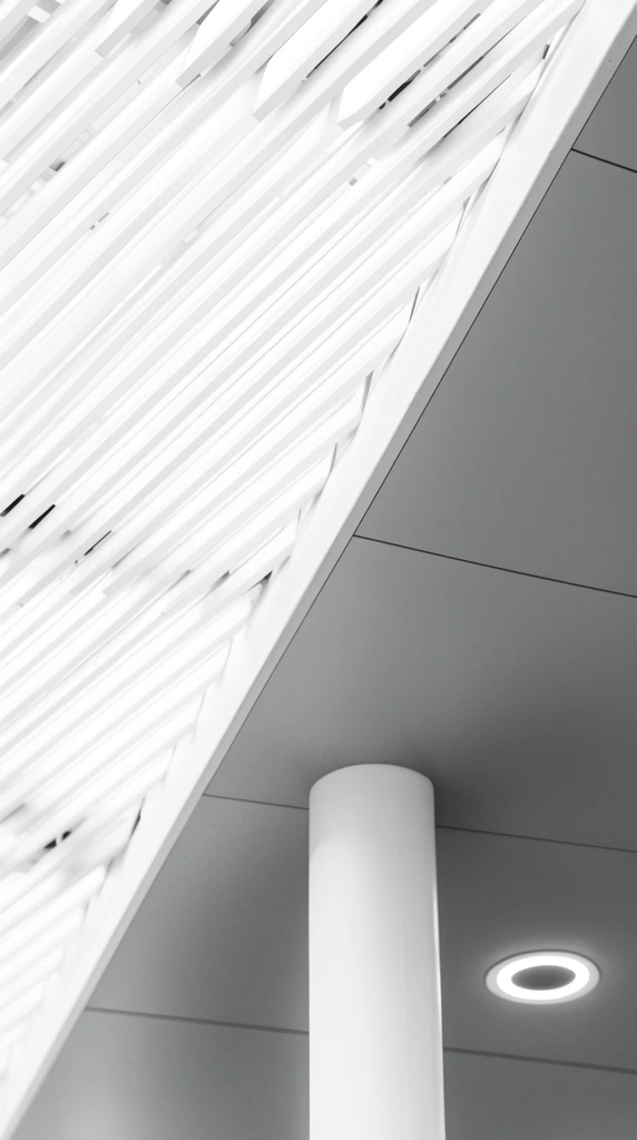 minimalist architectural ceiling, stark diagonal division, bright white parallel louvers, matte gray panel with subtle linear seams, thick white cylindrical pillar, glowing recessed ring light, upward perspective, high contrast grayscale