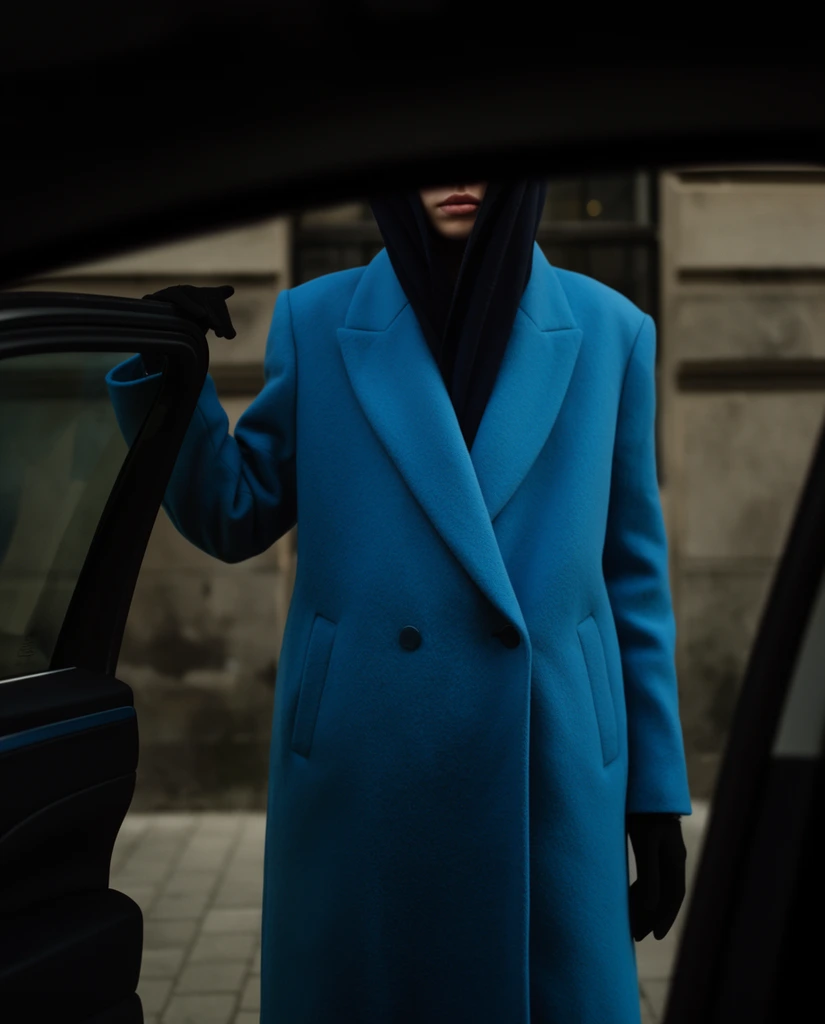 person by open car door in a vibrant cerulean blue double-breasted wool coat, upper face dramatically obscured by dark foreground framing from inside a vehicle looking out, visible lips, dark fabric wrapping the neck, black gloves, heavy dark elements slicing horizontally across the head, cinematic lighting contrasting deep shadows with the vivid blue garment, soft-focus stone building facade and paved sidewalk, shallow depth of field, moody street fashion photography