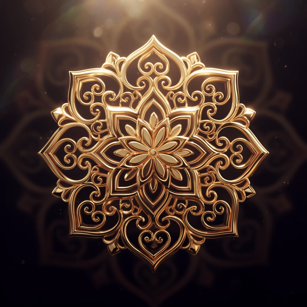 A symmetrical 3D golden ornamental mandala floats against a deep brownish-black background. The intricate design features a central floral motif surrounded by interlocking filigree and elegant swirls. Crafted from highly polished gold with sharp beveled contours, the piece is illuminated by dramatic overhead lighting that casts a warm glow and subtle lens flares. The softly blurred background reveals a faint, oversized reflection of the pattern alongside floating dust motes and ethereal bokeh effects, creating a luxurious, cinematic rendering.