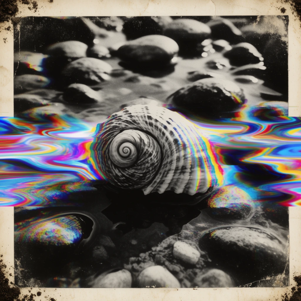 A vintage, heavily distressed black-and-white photograph of a single spiral seashell resting among numerous smooth, rounded rocks in shallow water, bisected horizontally by a massive, vibrant RGB digital glitch band. The central spiral seashell and the surrounding submerged stones are rendered in high-contrast monochrome, featuring deep, stark shadows and bright highlights beneath the water's surface. A thick, fluid band of digital corruption tears directly through the middle of the frame, smearing the visual information horizontally into wavy, psychedelic ribbons of neon cyan, magenta, bright yellow, and deep blue. Severe chromatic aberration fringes the edges of the shell and rocks where they intersect with the intact grayscale areas, causing distinct red and cyan color splitting along their high-contrast contours. The entire composition is framed by a heavily textured, off-white paper border with yellowed margins, dark distressed corners resembling soil marks, heavy vignetting, and thick analog film grain, creating a stark juxtaposition between decaying retro photography and vivid digital datamoshing.