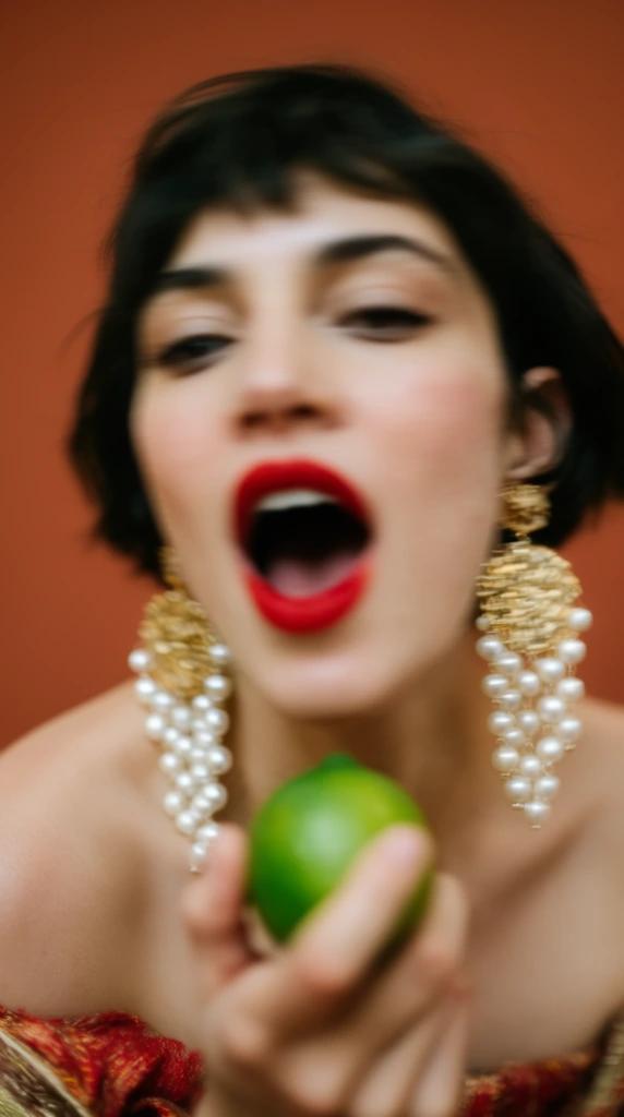 blurred close-up portrait of a woman with an expressive open mouth holding a bright green lime, prominent motion blur, out of focus photography, vibrant red lipstick, large gold statement earrings with cascading white pearls, short dark hair, bare shoulders, glimpse of textured red and gold fabric, warm solid terracotta background, candid dynamic movement, soft diffused lighting, contrasting red and green color palette, shallow depth of field