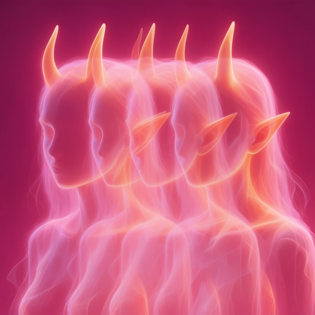 Four overlapping heads of a horned girl with pointed ears appear as glowing, ethereal forms against a deep magenta background. The subjects are rendered entirely from wispy, translucent tendrils of luminescent peach and neon pink, resembling fluid smoke or long-exposure light painting. Soft lines of concentrated orange light define the horns and pointed ears, dissolving seamlessly into a rich pink haze. The composition relies on semi-transparent, overlapping layers with smooth gradients and internal glows, creating an abstract, spectral aesthetic with no solid boundaries.