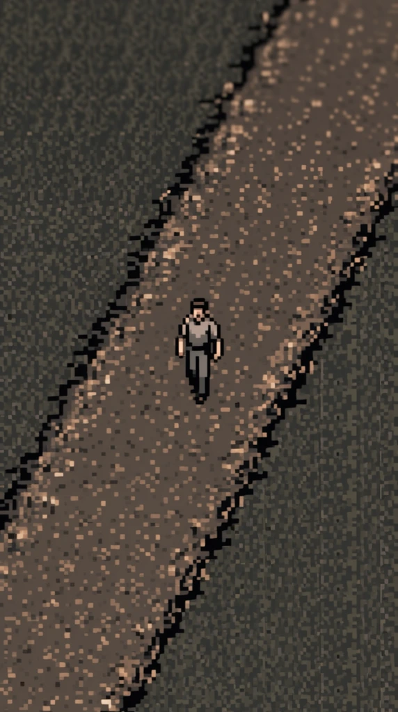 An isometric dirt road stretching diagonally into the distance with a small pixelated figure of a man walking far down the path, rendered in a 16-bit retro video game aesthetic. The lone traveler is a low-resolution sprite aligned to a strict isometric grid, positioned on a textured pathway composed of distinctly visible square pixels. The road and surrounding ground feature heavy pixel dithering techniques in a muted, limited color palette of muddy browns, sepia, dark greys, and olive greens. Harsh, blocky shading and stark black pixels define the shadows and highlights, replicating the technical limitations of vintage 1990s console graphics. The overall atmosphere is gloomy and heavily desaturated, characterized by rigid geometric angles, a top-down angled perspective, and a classic tile-based RPG visual style.