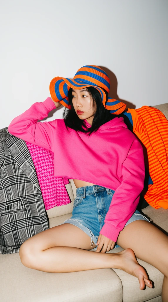 A young Asian woman sits on a beige sofa amid scattered vibrant garments in a high-contrast editorial portrait. Wearing a bright pink cropped hoodie, denim shorts, and a floppy orange and blue striped hat, she rests a bare foot on the cushion and touches her head, looking away. Harsh direct flash casts sharp shadows on the stark white wall behind her. A black and white plaid blazer, pink houndstooth fabric, and an orange striped shirt drape chaotically over the sofa back, completing the eclectic, highly saturated aesthetic.