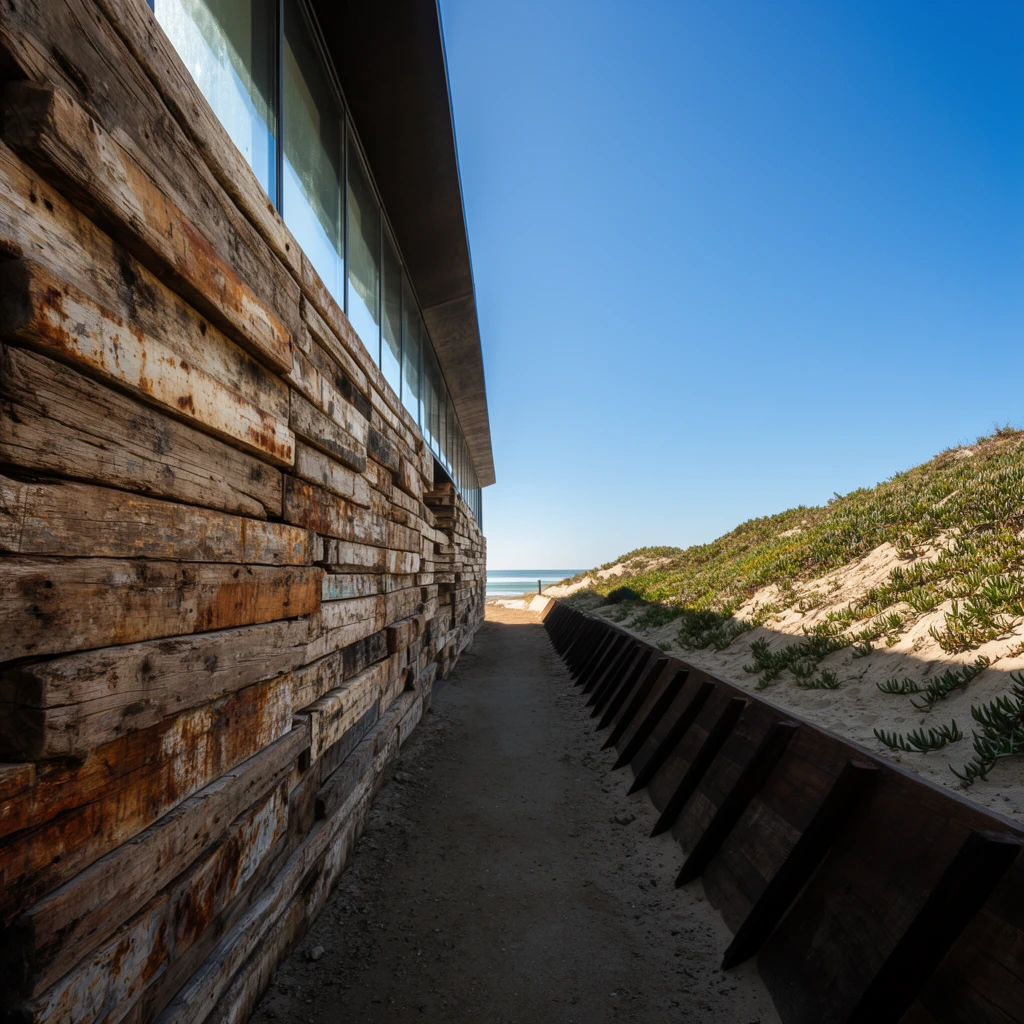 A modern coastal structure with a highly textured facade of horizontally stacked, weathered timber beams stands beside a sandy pathway under a brilliant blue sky. The massive reclaimed wood displays deep grain, cracks, and rust stains, topped by a continuous band of glass windows reflecting the daylight beneath a dark overhanging eave. A shadowed dirt path runs parallel to the building, leading toward a distant ocean horizon. On the right, a low retaining wall with angled dark wooden baffles holds back a sloping sand dune blanketed in creeping green succulents. The wide-angle architectural composition uses strong single-point perspective, with harsh natural sunlight casting deep shadows across the walkway while emphasizing the rich rustic materials against the crisp sky.