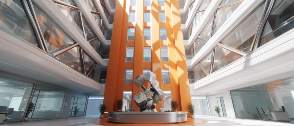 A bright futuristic corporate atrium viewed from a low angle. Symmetrical architecture features a towering central orange pillar with rectangular windows flanked by multi-tiered white balconies with glass railings and diagonal metallic struts. The ground floor centers on a circular reception desk displaying an angular metallic sculpture with hexagonal textures bordered by small potted plants and glass-walled offices. A wide-angle lens emphasizes verticality. Strong overhead sunlight casts sharp geometric shadows across the sterile orange and white surfaces in a pristine architectural rendering style.