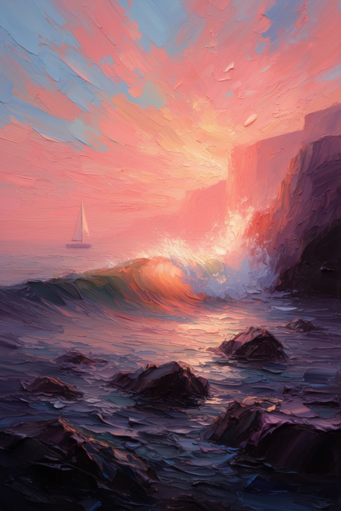 A large crashing wave breaks against steep rocky cliffs on the right in a highly textured impasto oil painting, bathed in the radiant, luminous glow of a coral and peach sunset. Jagged rocks emerge from churning foreground waters, rendered with thick, three-dimensional palette knife strokes in deep, moody tones of eggplant, indigo, and charcoal. A solitary sailboat floats in the distant left, set against a dramatic sky composed of heavy, radiating brushstrokes in vibrant salmon pink, golden yellow, and soft sky blue. The composition employs an intense chiaroscuro effect, concentrating brilliant, glowing light on the cresting wave and the sheer cliff face, while the surrounding foreground and edges of the scene recede into heavy, dark, tactile shadows. The entire seascape is defined by deeply dimensional paint application, with distinct raised ridges of layered pigment, rich physical texture, and sweeping directional strokes that create a surreal, ethereal, and intensely atmospheric aesthetic.