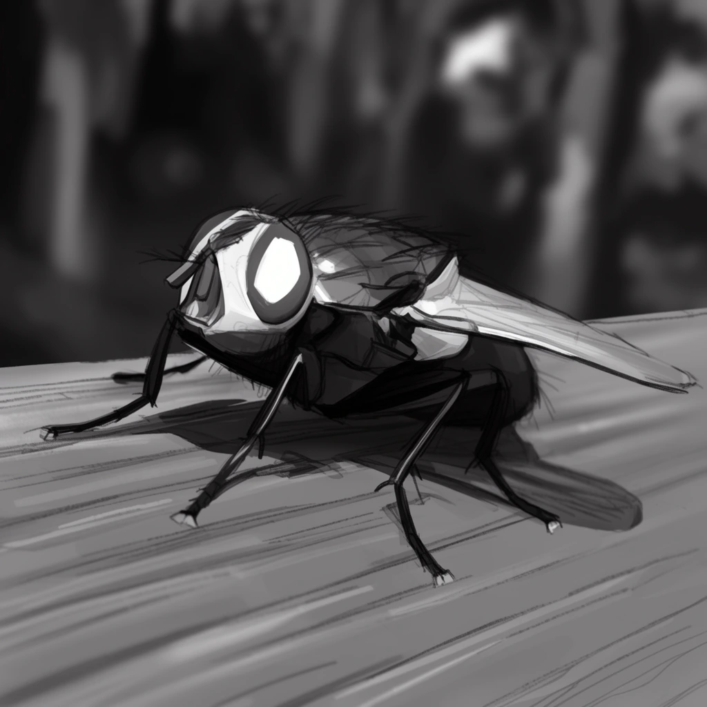 greyscale digital painting, macro close-up of a fly on a grooved surface, bright white highlight on compound eye, translucent wings, dark blurred forest background, shallow depth of field, rough sketch lines