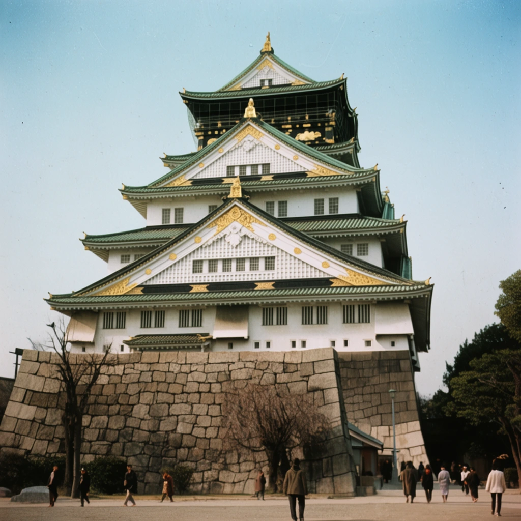 Traditional Japanese castle, white walls, green tiered roofs, gold accents, massive stone foundation, tiny figures walking below, pale blue sky, vintage film, low angle