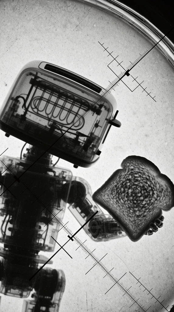A robot with a toaster head holding a piece of toast, rendered in a high-contrast, black-and-white scientific micrograph style. The central robot features a mechanical body and a boxy toaster for a head, its internal heating coils, levers, and structural wiring distinctly visible as dark, semi-translucent silhouettes against a bright, heavily textured background. In its articulated hand, the robot grips a square piece of toast characterized by dark, densely packed textural pores. The background is a flat, mottled grayscale plane resembling a brightly backlit microscopic slide, bounded by a thick, curved glass edge visible in the top right corner. The entire composition is densely overlaid with technical optical instrument markings, including stark black intersecting crosshairs, long diagonal tracking lines, and multiple measuring axes featuring precise, fine tick marks. The visual aesthetic exactly mimics a vintage electron microscope capture or industrial X-ray scan, defined by a stark monochromatic color palette, intense high-contrast lighting, heavy granular noise, and fine surface scratches across the focal plane.
