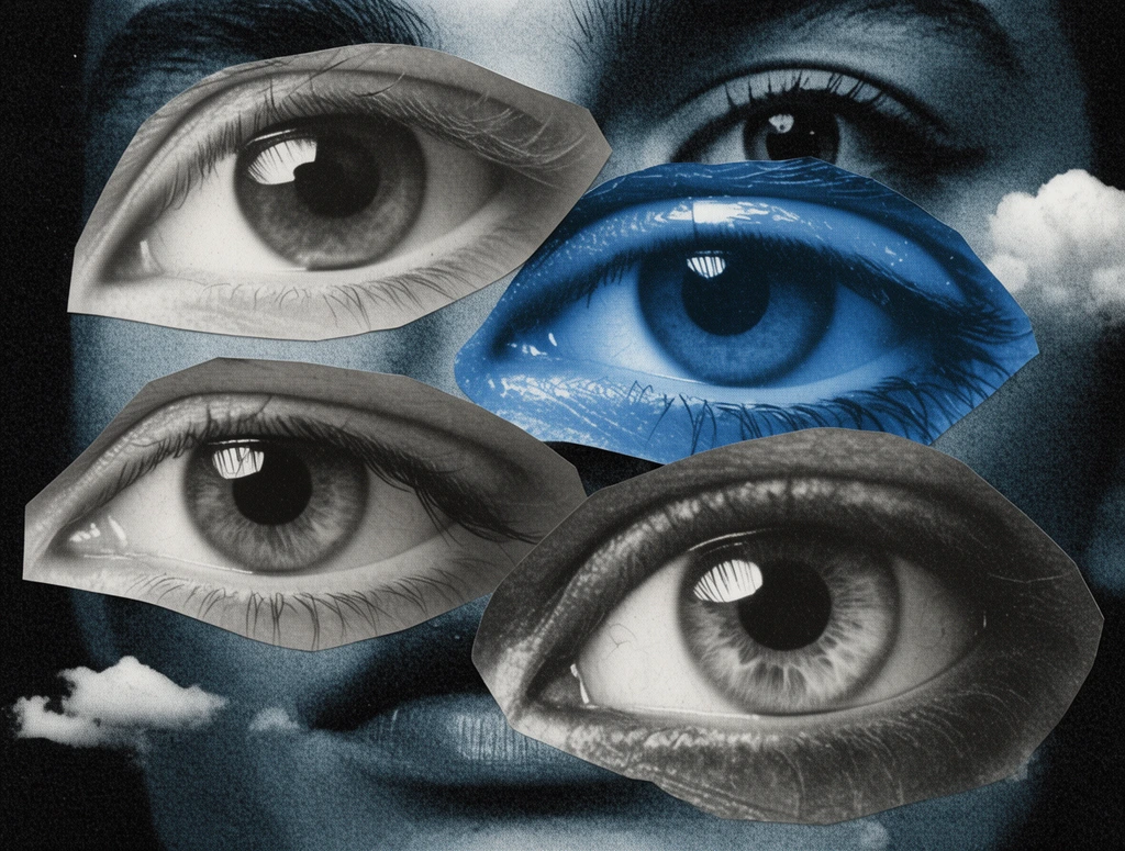 Surreal zine-style collage of overlapping cut-out human eyes. Grayscale and muted blue eye fragments layer over a dark, grainy background of faint facial features and clouds. Gritty halftone print aesthetic.