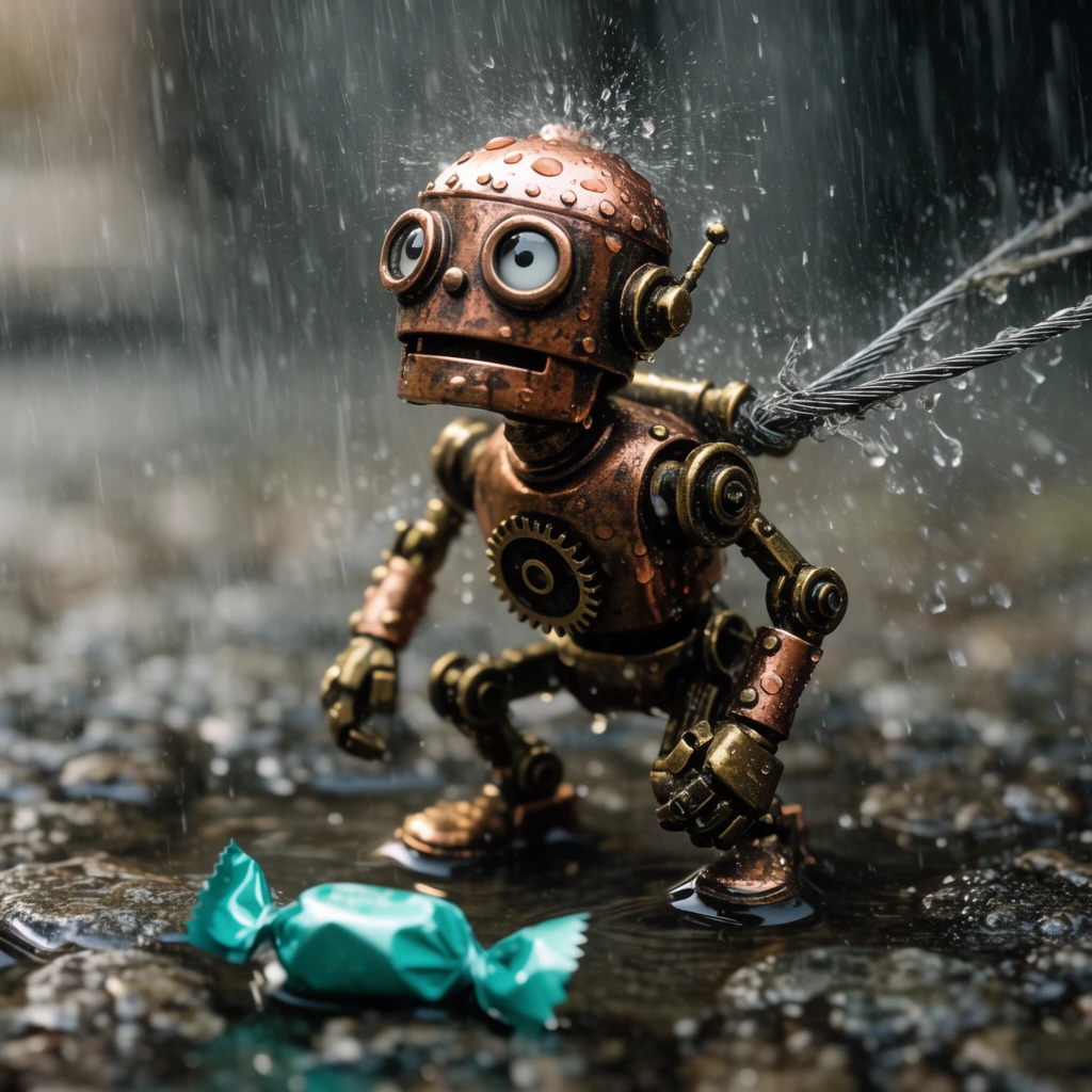 A miniature brass steampunk robot figurine crouches in a torrential downpour, looking upward with wide glass eyes. The figure stands in a deep puddle on dark cobblestones. Thick raindrops splash violently against its oxidized copper plating and gear-driven joints. A frayed steel cable pulls taut from its back. A vibrant teal candy wrapper rests in the blurry foreground mud. Macro photography, cinematic lighting, shallow depth of field, sharp rain streaks.