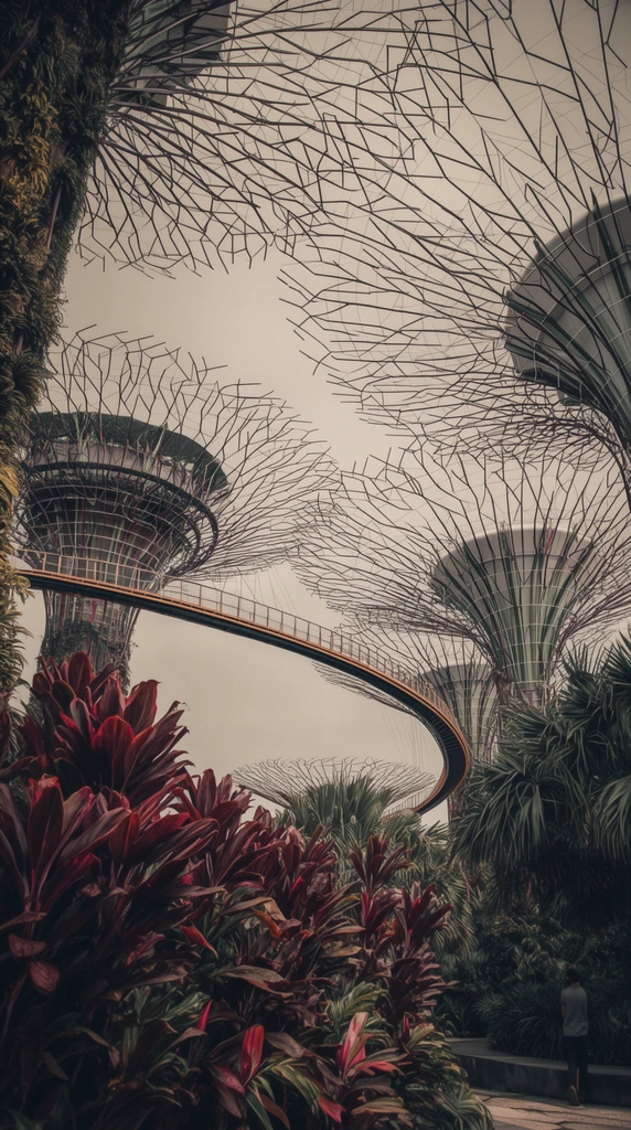towering biomimetic tree structures with intricate wireframe canopies, curved elevated walkway suspended between tall metallic trunks, dense tropical foreground foliage with deep red and green leaves, low angle perspective, overcast sky, muted color grading, small human figure in bottom right