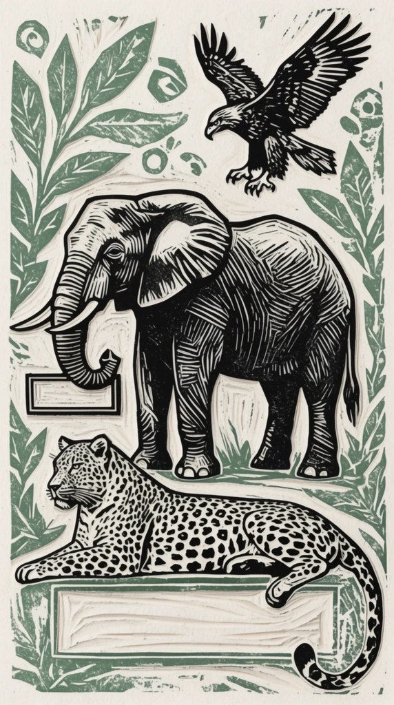 A linocut relief print on textured off-white paper featuring an elephant, a resting leopard, and a hovering eagle stamped in stark black and muted forest green ink. The heavily hatched elephant stands centrally, facing left with its trunk curled over a rectangular plaque. Below, a densely spotted leopard lounges horizontally above a carved bottom banner. An eagle with spread wings descends in the upper right. Jagged, hand-carved botanical leaves and abstract circular motifs fill the negative space. The composition emphasizes prominent gouge marks, rough organic edges, and high-contrast shading characteristic of traditional block printing.