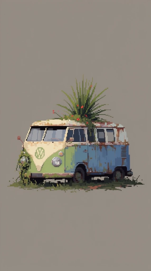 A minimalist pixel art illustration of an abandoned vintage camper van reclaimed by nature, isolated against a solid warm grey background. The classic split-window vehicle features a two-tone light green and cream front that transitions into a rusted, faded blue side body. A prominent, spiky green plant with tiny red blooms sprouts directly from the decaying roof. Tangled green vines and moss drape over the front left headlight. The van rests on a sparse, fragmented patch of pixelated dark green grass and brown earth with sunken dark tires. The composition utilizes low-resolution blocky pixels, a muted retro color palette, and flat shading, contrasting mechanical decay with thriving botanical growth.