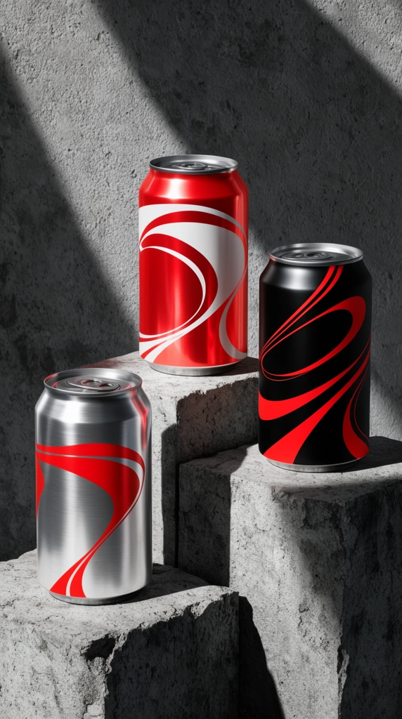 Three cylindrical aluminum beverage cans rest on a staggered brutalist pedestal of rough, gray concrete blocks against a textured wall. The highest central can features a glossy red surface with sweeping white graphic patterns. A lower can on the left displays a brushed silver finish with bold red abstract curves, while the right can sports a matte black finish with vibrant red flowing lines. Intense directional light from the left casts sharp, dramatic, diagonal shadows across the rugged concrete and metallic surfaces, creating a stark, high-contrast studio photography composition.
