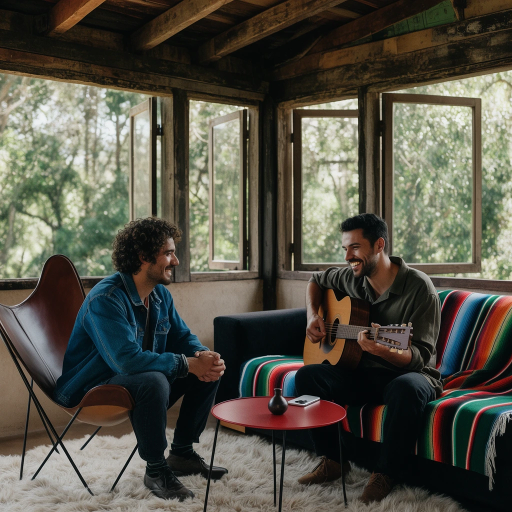 Two smiling men enjoy a musical session in a rustic, sunlit room with exposed wooden ceiling beams and large open paned windows framing a lush green forest. The man on the right plays an acoustic guitar while seated on a dark sofa draped with a vibrant striped blanket. Opposite him, a man with curly hair and a blue denim jacket relaxes in a brown leather butterfly chair with his hands clasped. A fluffy white rug grounds the space beneath a small red circular table holding a silver smartphone and a tiny dark vase. Soft natural daylight fills the earthy, cinematic composition.