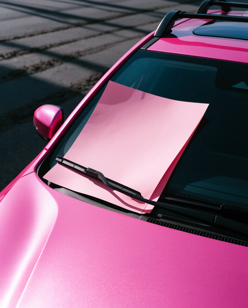 A close-up of a metallic pink car with a large pastel pink paper tucked under its black windshield wiper. The composition highlights the vivid pink hood, dark windshield, and black roof rack. A blurred grey asphalt road with embedded tracks and deep shadows forms the background. High-contrast lighting accentuates the striking pink hues.