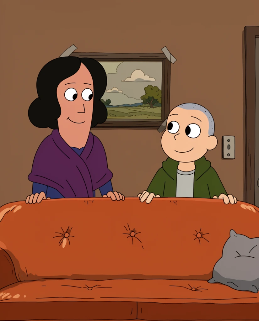 Two animated characters, a tall woman in a purple shawl and a bald teenage boy in a green jacket, peek over a tufted orange leather sofa. They smile at one another in a sparsely decorated room with brown walls. A taped landscape painting hangs behind them next to a light switch, and a grey pillow rests on the sofa. The scene uses a flat 2D animation style with thick dark outlines and muted colors.
