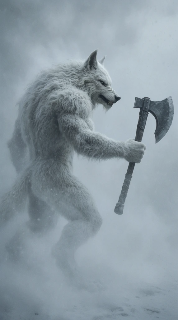A colossal bipedal wolf-beast covered in thick, matted white fur stands in profile, grasping a massive steel battle-axe in its outstretched right arm. The towering figure is heavily obscured by an impenetrable, swirling grey blizzard that swallows the background. The cinematic, wide-angle composition captures the monstrous silhouette emerging from the freezing mist, utilizing diffused, cool-toned lighting to emphasize its immense scale and brooding presence against the dense atmospheric whiteout.
