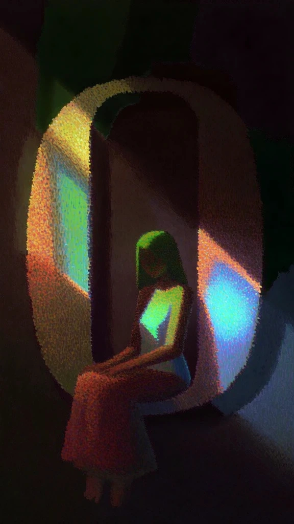 a woman seated within a monumental ornate letter o, rendered in a coarse digital pointillist aesthetic with heavy stippled texture, deep chiaroscuro lighting where radiant pools of luminous yellow and neon cyan cut through dense ink-black shadows, vibrating prismatic grain mimicking noisy low-res raytracing, sharp geometric light spills casting high-contrast glows on the woman's form, ethereal dreamlike atmosphere, flickering multicolored specks, impressionistic divisionism