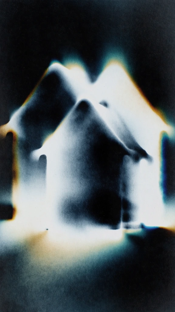 two houses with pitched roofs among trees, captured as spectral luminescent silhouettes, heavy analog film grain, gritty sandpaper texture, high-contrast chiaroscuro against a deep charcoal void, internal ethereal white glow, soft blooming edges, liquid distorted outlines, chromatic aberration featuring teal and amber fringe, solarized light bleed, nebulous blurring, ghostly atmosphere, surreal chemical burn aesthetic, icy blue core highlights, blurred non-linear forms