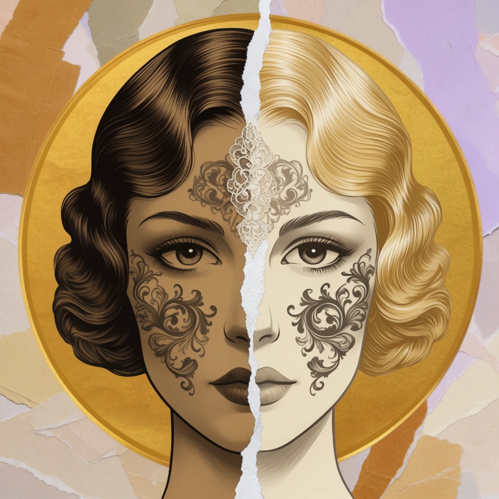 A surreal digital collage portrait of a woman's face split vertically by a jagged torn-paper edge, creating a stark dual-tone composition. The left half is rendered in deep sepia tones with dark finger-waved hair, while the right half features pale cream skin and golden-blonde hair in an identical vintage style. Intricate dark baroque filigree patterns are tattooed symmetrically across both cheeks, with a delicate ornamental lace design bridging the central jagged tear. The subject gazes directly forward with large eyes. She is framed by a perfect golden circle against a textured background of layered torn paper scraps in muted ochre, pale violet, and beige. The artwork blends Art Deco elegance with crisp linework and smooth gradient shading.
