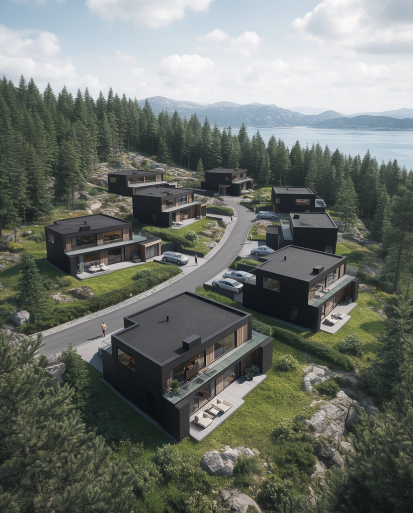 aerial view of a modern housing development on a forested hillside, cluster of dark minimalist two-story homes, flat roofs, expansive windows, wood accents, glass balconies with patio furniture, winding paved road, parked silver cars, tiny human figures, dense evergreen pine trees, rocky terrain, green grass, calm blue bay and distant mountains in the background, partly cloudy sky, bright daytime lighting, photorealistic architectural rendering