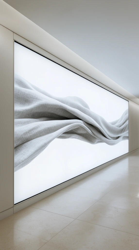 An ultra-wide illuminated display panel sits flush in a minimalist white corridor, showcasing an abstract wave of textured light grey fabric against a stark white background. The modern architectural interior features a low ceiling, smooth walls, and polished beige floor tiles. Soft diffused lighting emphasizes the clean geometric lines and neutral monochromatic palette.