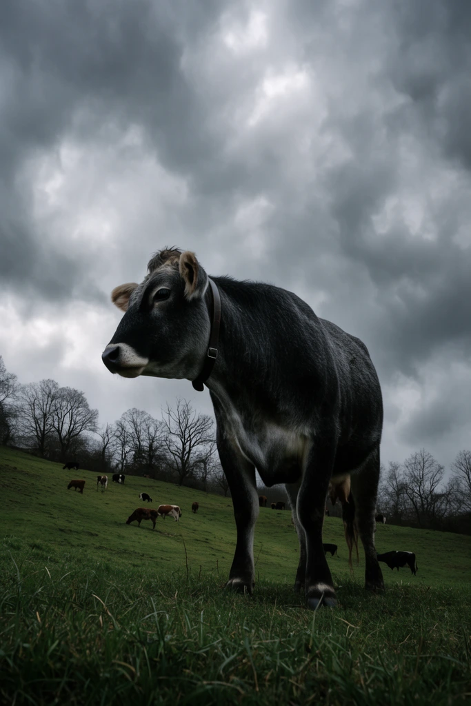 Dramatic low-angle shot of a dark-grey cow on a grassy hillside under a heavy overcast sky. The imposing cow looks sharply left, wearing a dark collar. Behind it, a sloping green pasture features smaller grazing cows and bare silhouetted trees against textured grey clouds.