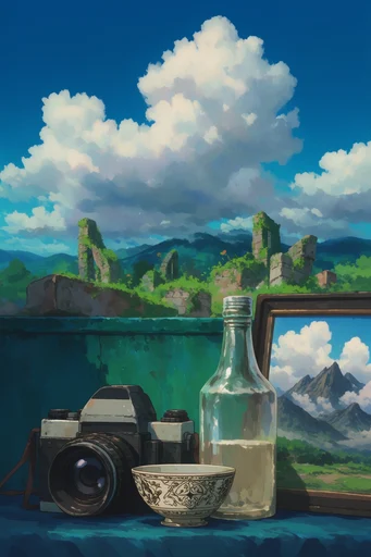 Ethereal Anime Vistas style reference image — towering cumulus clouds