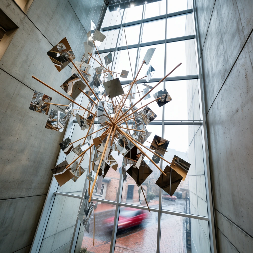 A sprawling geometric mobile sculpture of mirrored panels and wooden dowels hangs suspended within a soaring modern concrete atrium. The installation features highly reflective, fragmented metal sheets in square and triangular shapes attached to a radiating framework of slender wooden rods, gleaming with sharp environmental reflections. Towering, smooth cast concrete walls marked by grid-like seams enclose the space. Photographed from a sharp low angle looking upward through a wide lens, the composition sets the floating artwork against a massive multi-pane glass window. Through the glass, an elevated outdoor brick street scene displays the blurred motion streaks of a passing red vehicle on wet pavement. Overcast daylight floods the interior, establishing a cool, steely aesthetic contrasted by warm wood accents.