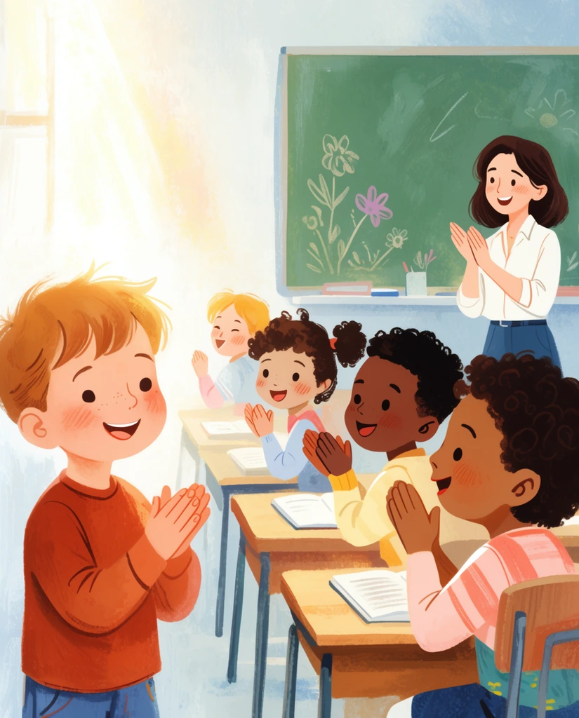 2D children's book illustration of a bright classroom, young boy standing on the left in a burnt orange shirt, diverse smiling children seated at wooden desks, classmates clapping and cheering, teacher applauding by a green chalkboard with floral drawings, bright glowing light from the left, soft pastel colors, painterly textures, rosy cheeks