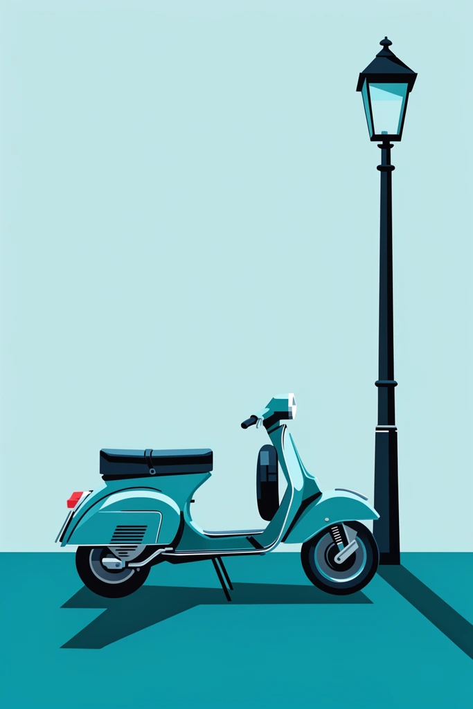 vintage teal scooter parked beside a tall black street lamp, side profile, minimalist flat vector illustration, sharp geometric cast shadows, teal ground, pale cyan sky background, monochromatic color palette, clean lines