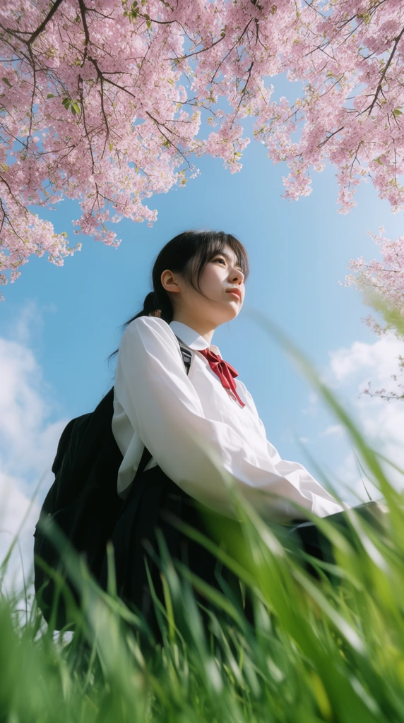 young woman viewed from an extreme low angle looking up, wearing a white long-sleeve collared shirt, red ribbon tie, dark skirt, black backpack, dark hair tied back, framed by deeply blurred vibrant green grass blades in the immediate foreground, overhanging pink cherry blossom branches, bright clear blue sky with soft white clouds, radiant natural daytime sunlight casting crisp shadows, photographic, worm's-eye perspective, shallow depth of field