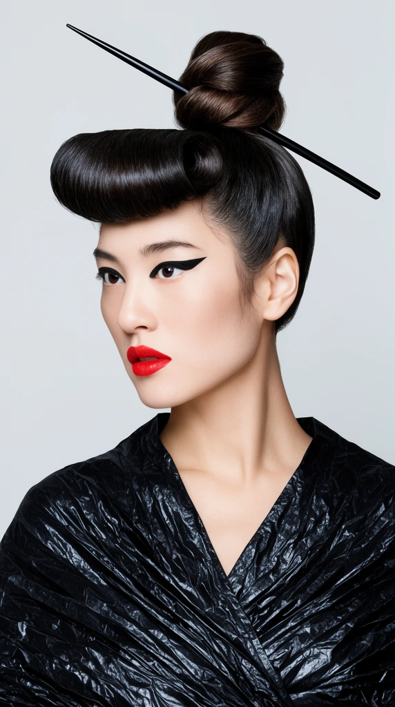 editorial studio portrait of a woman, avant-garde sculpted dark hair, prominent rolled bang, topknot pierced horizontally by a long black hair stick, bold black eyeliner, bright red lipstick, shiny crinkled black v-neck wrap, plain light gray background, bright even lighting, minimalist composition