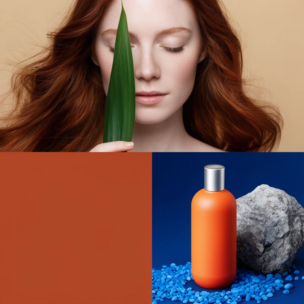 A composite layout split into three sections. The upper half is a soft studio portrait of a pale woman with flowing auburn hair and closed eyes, holding a long green leaf vertically across her face against a warm beige background. The bottom left quadrant is a solid terracotta square. The bottom right features a matte orange cylindrical bottle with a silver cap, staged on a deep blue surface next to a rough gray rock and scattered bright blue pebbles. High-contrast product photography.