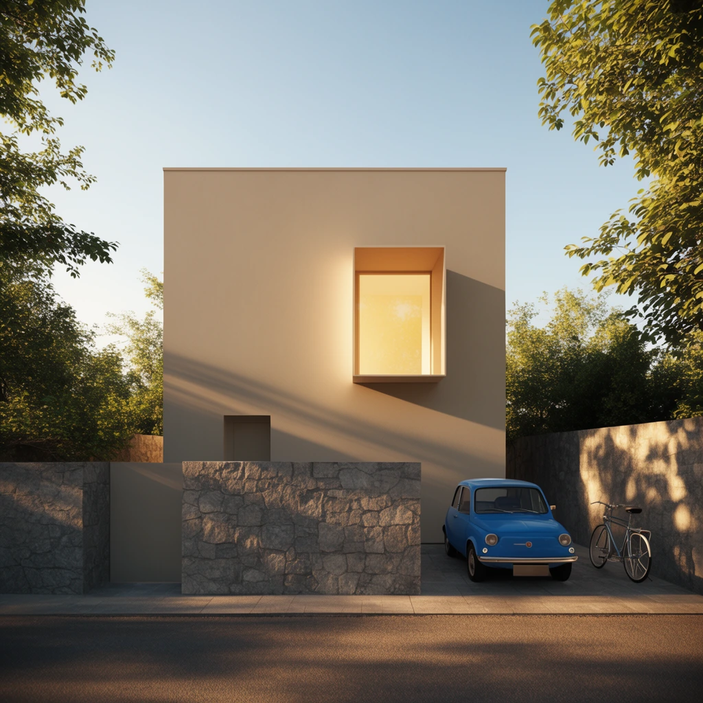 A photorealistic render of a minimalist cubic house featuring smooth beige walls and a glowing recessed window. A textured gray stone wall fronts the property. A vintage blue compact car and a bicycle park in the driveway. Lush foliage frames the structure under a clear sky, bathed in warm golden-hour sunlight casting strong diagonal shadows.