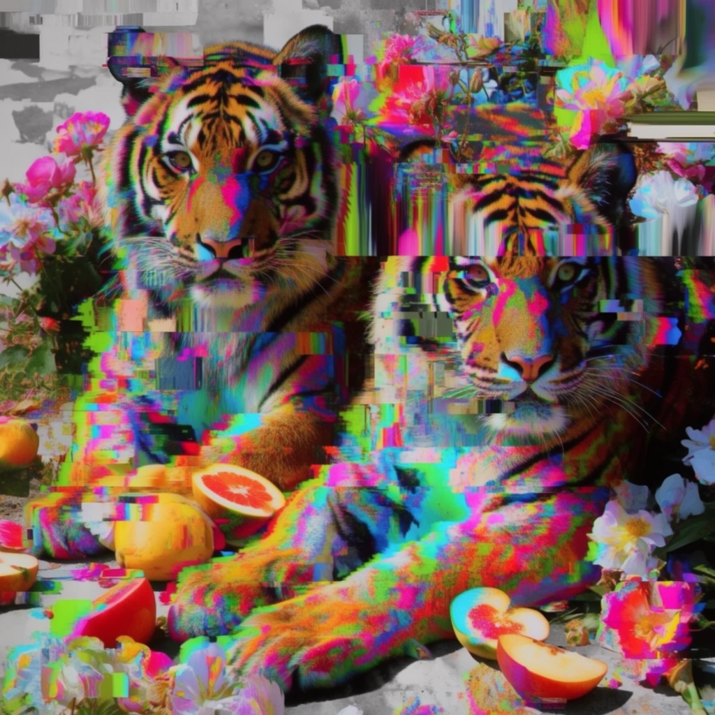 Two tigers surrounded by blooming flowers and scattered cut fruit, heavily corrupted by chaotic digital glitch art and severe databending artifacts. The forms of the felines, botanical elements, and sliced fruit are fragmented by extreme digital distortion, fracturing into jagged, pixelated blocks and melting vertical pixel-sorted smears. Blinding neon hues of hot magenta, electric cyan, acid yellow, and vivid lime green dominate the composition through intense chromatic aberration, contrasting sharply with underlying patches of washed-out, desaturated grayscale. Horizontal displacement errors and interlaced scanlines abruptly shear the subjects, creating overlapping, translucent planes of corrupted visual data. Harsh blocky compression artifacts, synthetic digital noise, and dragging smeared pixels dissolve the distinct edges of the tigers, petals, and fruit, fusing them into a vibrant, hyper-saturated display of digital decay and visual interference.